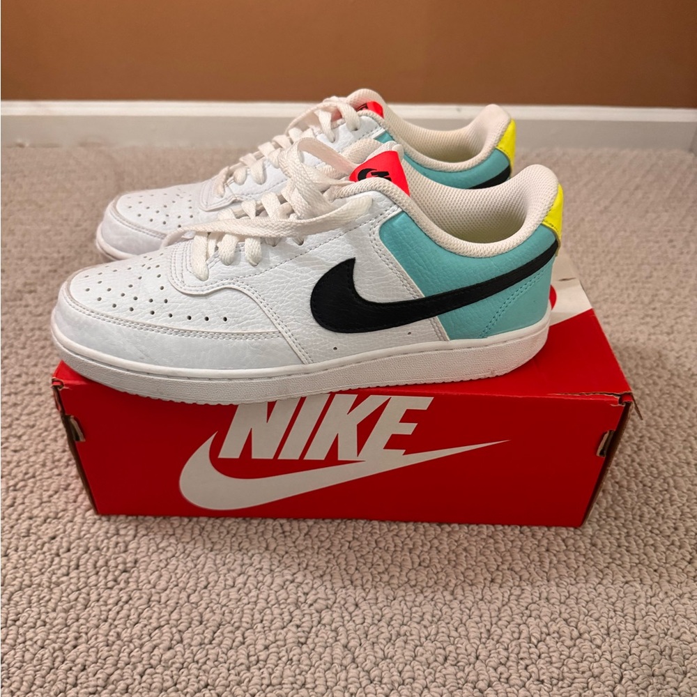 NIKE Court Vision Low - white black teal and neon yellow. Size 7.5